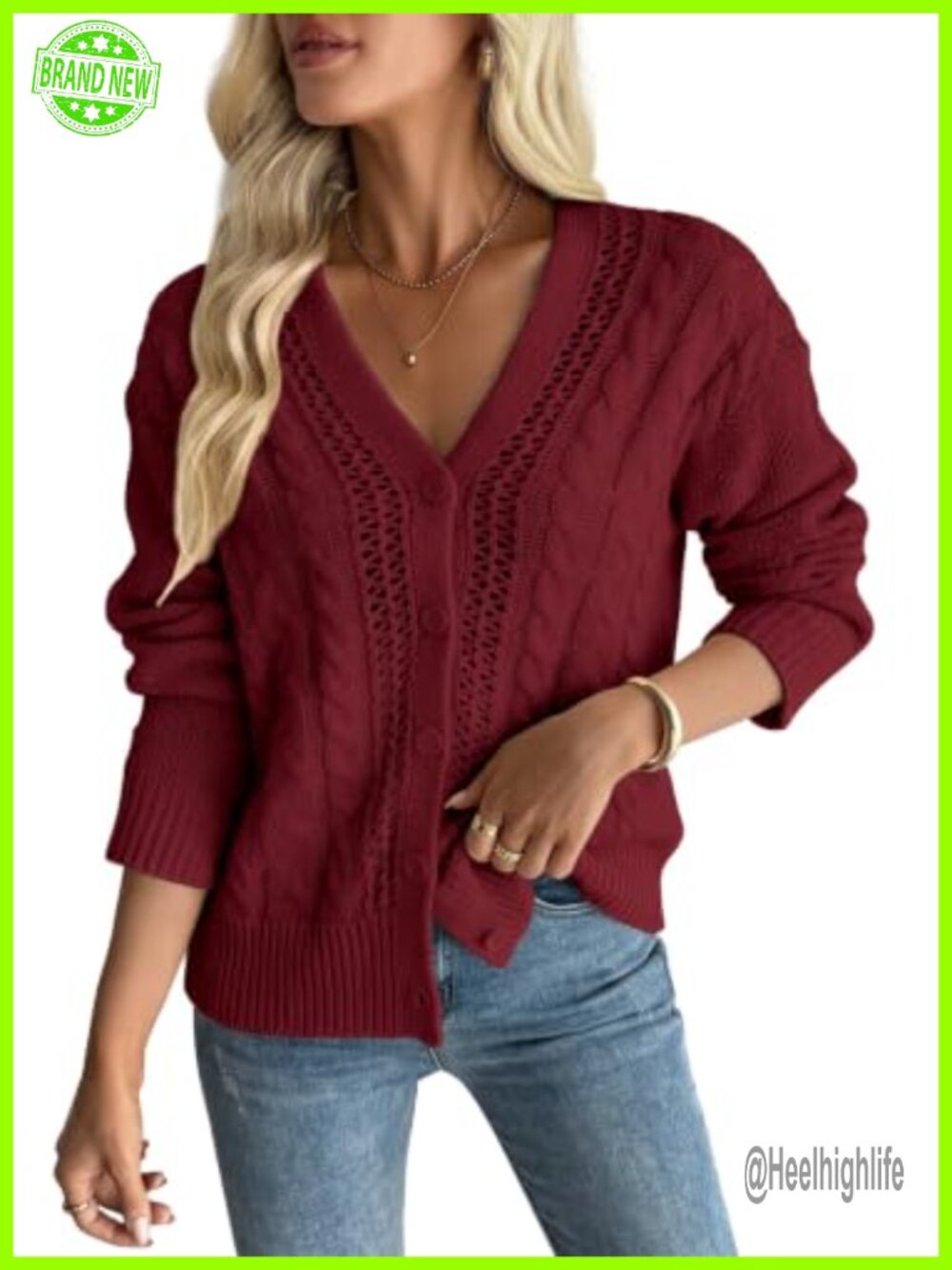 Womens Chunky Cable Knit Open Front Button Down Cardigan Sweater